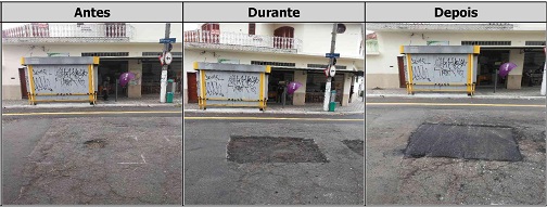 Antes, durante e depois do serviço de tapa-buraco na rua Eugênio Falk